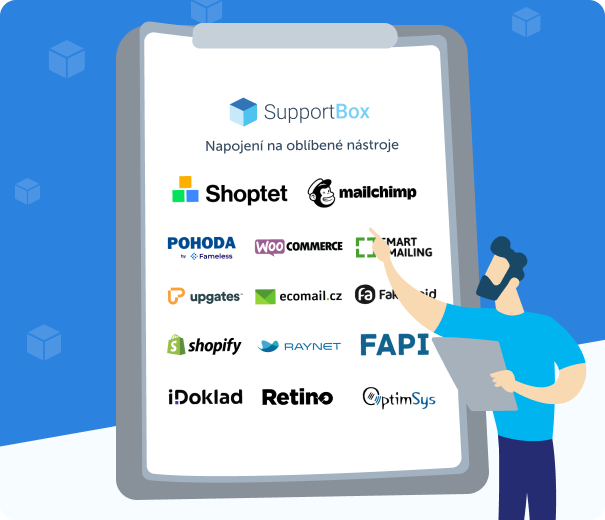 Muž ukazuje na velký tablet se seznamem log oblíbených nástrojů - integrací napojených na SupportBox