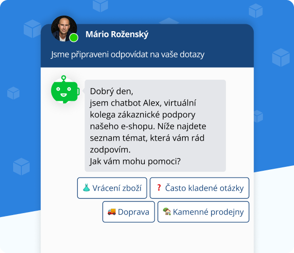 Chatovací okno s profilovou fotkou operátora, zprávou od chatbota a tlačítky pro nejčastější dotazy