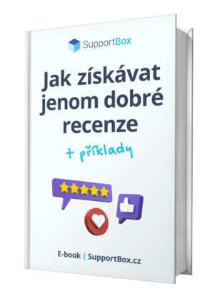 Obálka e-booku Jak získávat jenom dobré recenze + příklady od SupportBoxu s ikonami hvězdiček, srdce a palce nahoru