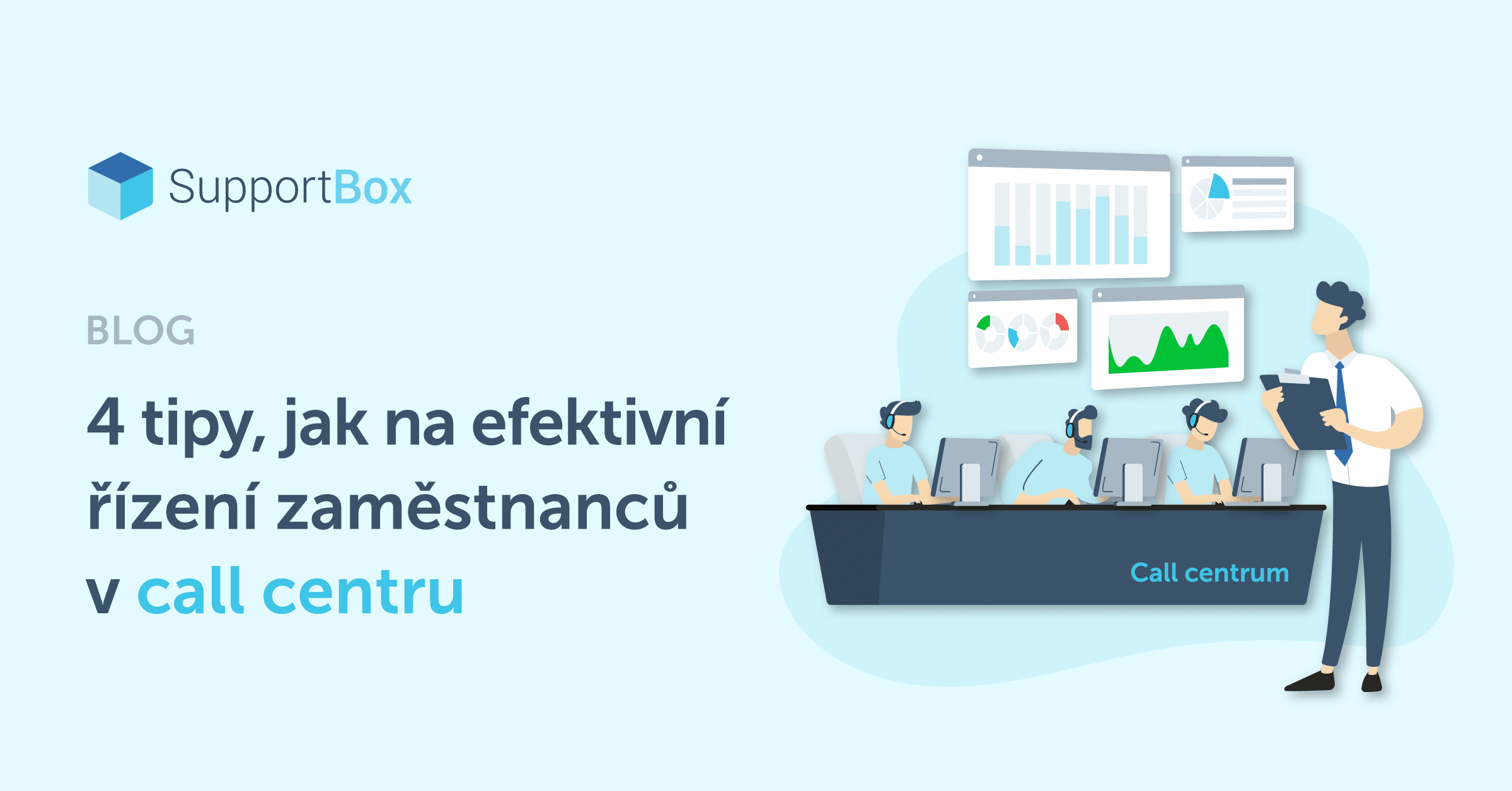 Ilustrace call centra s pracovníky u počítačů a manažerem sledujícím výsledky na obrazovkách.