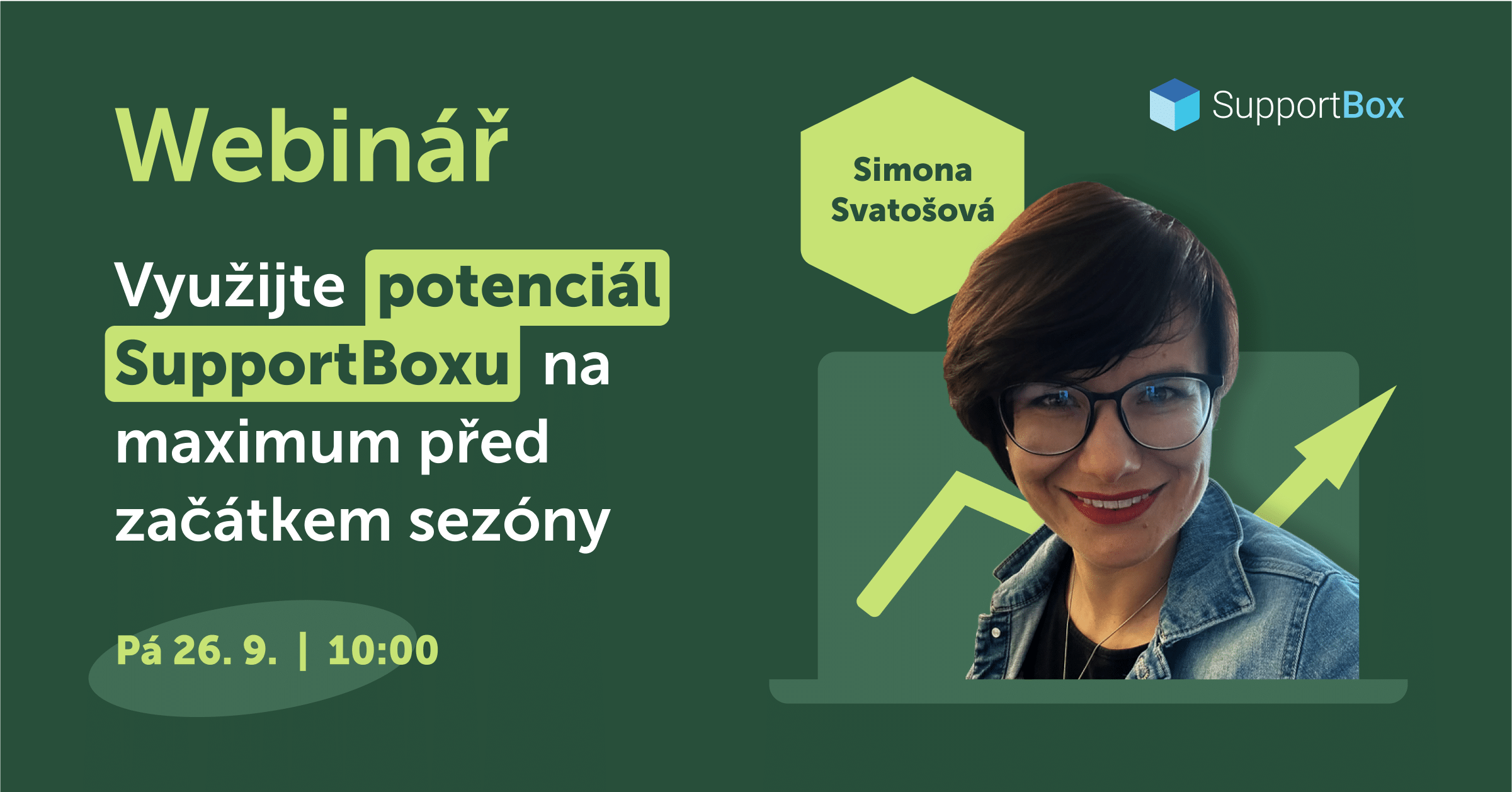 Simona Svatošová na zeleném banneru pro webinář o Využívání SupportBoxu naplno ještě před sezónou
