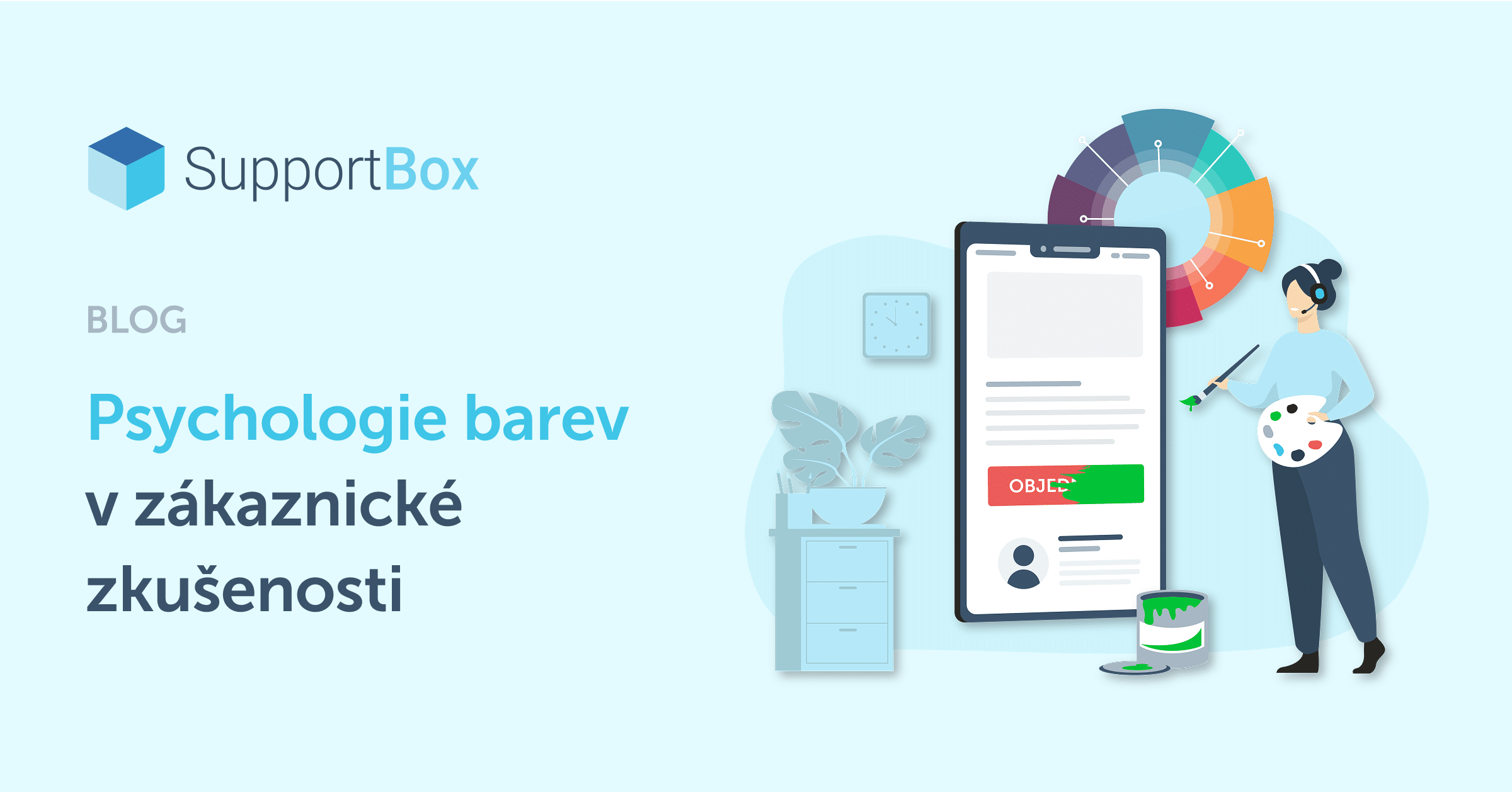 banner s operátorem podpory, který řeší barvu tlačítka s malířskou paletou v ruce