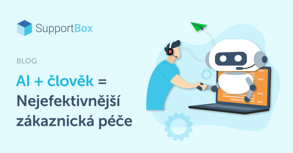 Muž v modrém tričku si podává ruku s robotem AI v počítači